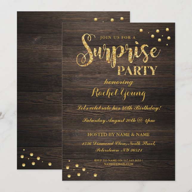 Invitación de cumpleaños a Surprise Gold Purpurina (Anverso / Reverso)