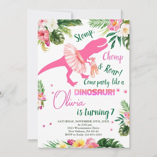 Invitación de cumpleaños a T-Rex Tutus, Tutus rosa (Anverso)