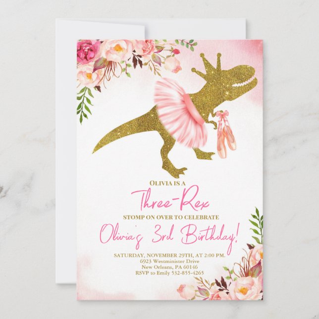 Invitación de cumpleaños a T-Rex Tutus, Tutus rosa (Anverso)