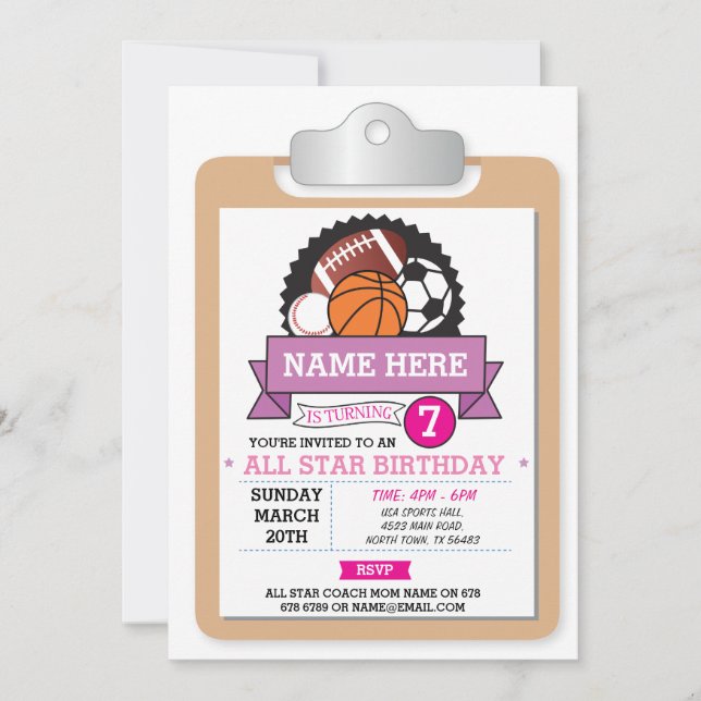 Invitación de cumpleaños a todos los Chicas rosado (Anverso)