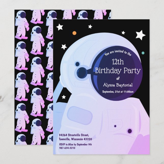 Invitación de cumpleaños a un astronauta morado (Anverso / Reverso)