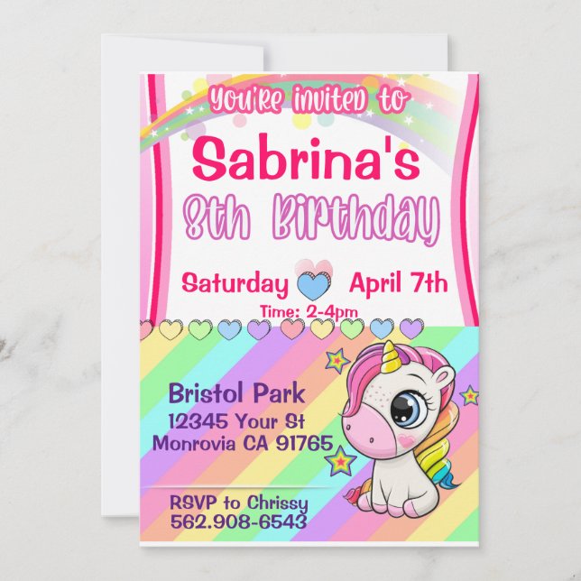 Invitación de cumpleaños a un bebé de Unicorn (Anverso)