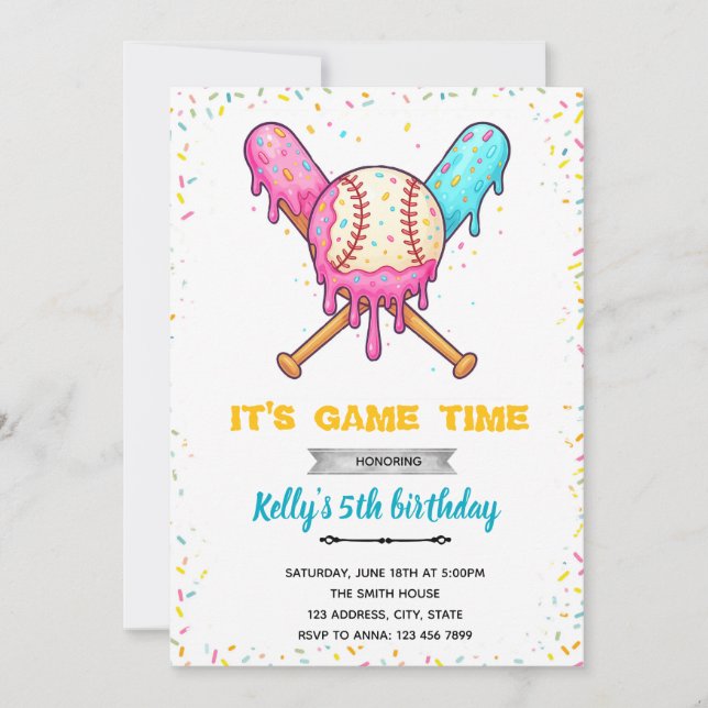 Invitación de cumpleaños a un beisbol con gota de  (Anverso)