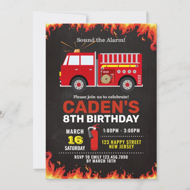 Invitación de cumpleaños a un camión de bomberos (Anverso)
