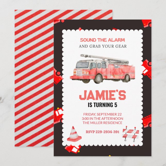 Invitación de cumpleaños a un camión de bomberos (Anverso / Reverso)