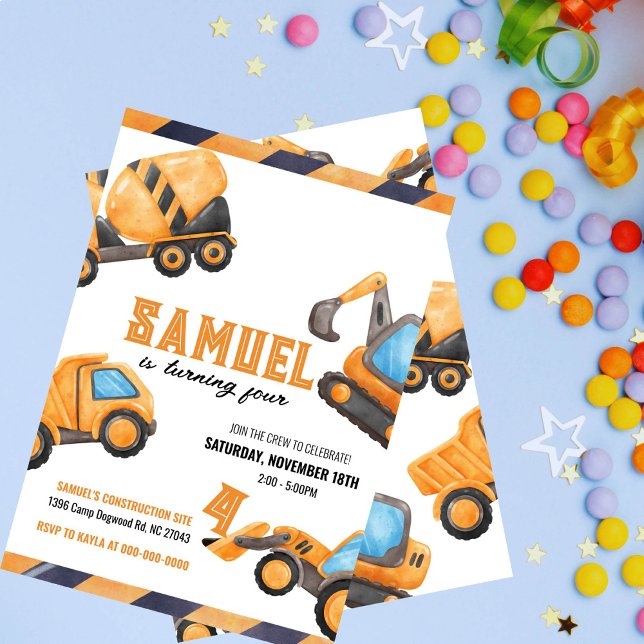 Invitación de cumpleaños a un camión de construcci (Editable watercolor construction truck invitation with photo. Personalize for a fun birthday)