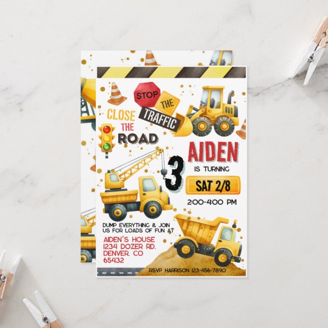 Invitación de cumpleaños a un camión de construcci (Anverso/Reverso In Situ)