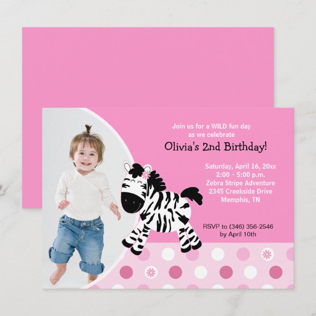Invitación de cumpleaños a un Chica de Cebra Rosa  (Anverso / Reverso)