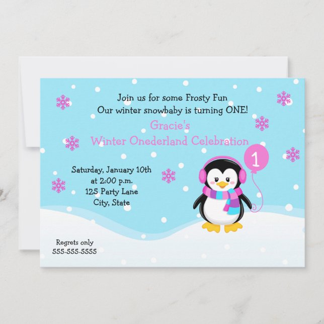 Invitación de cumpleaños a un Chica pingüino (Anverso)