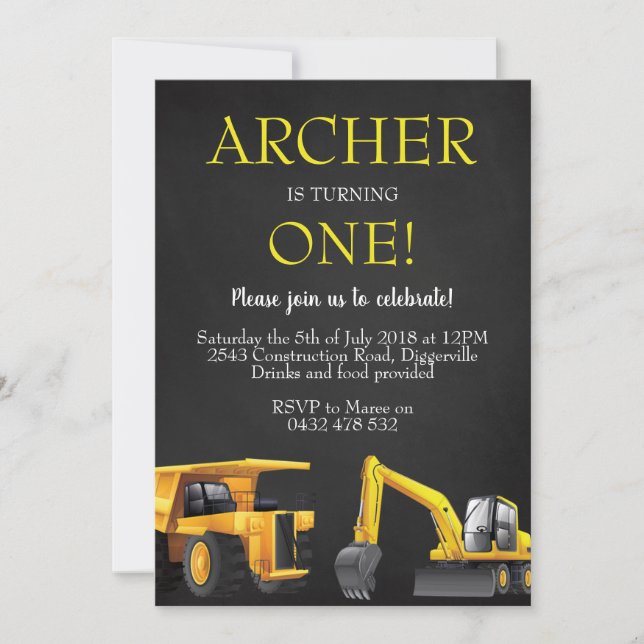 Invitación de cumpleaños a un chico de excavador d (Anverso)