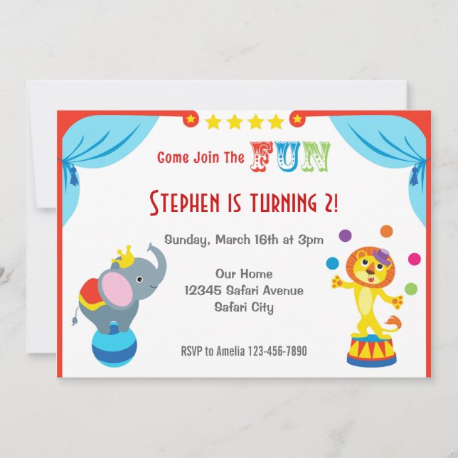 Invitación de cumpleaños a un circo de carnaval di (Anverso)