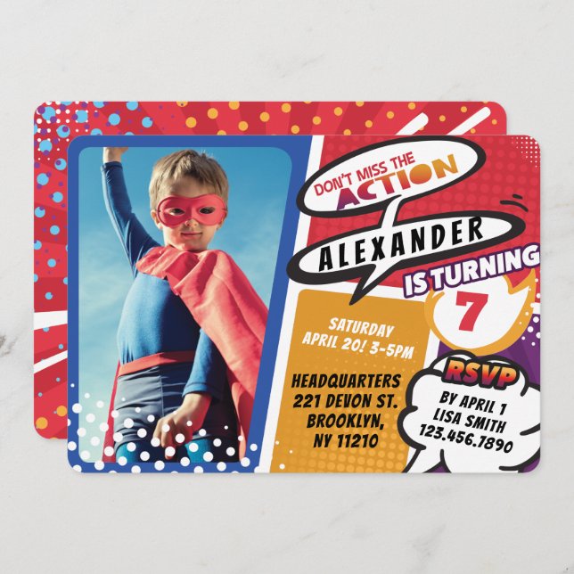 Invitación de cumpleaños a un cómic superhéroe de  (Anverso / Reverso)