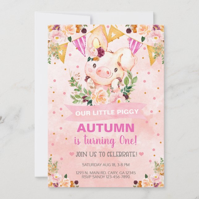 Invitación de cumpleaños a un dulce Chica de cerdo (Anverso)