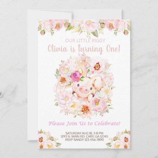 Invitación de cumpleaños a un dulce Chica de cerdo (Anverso)