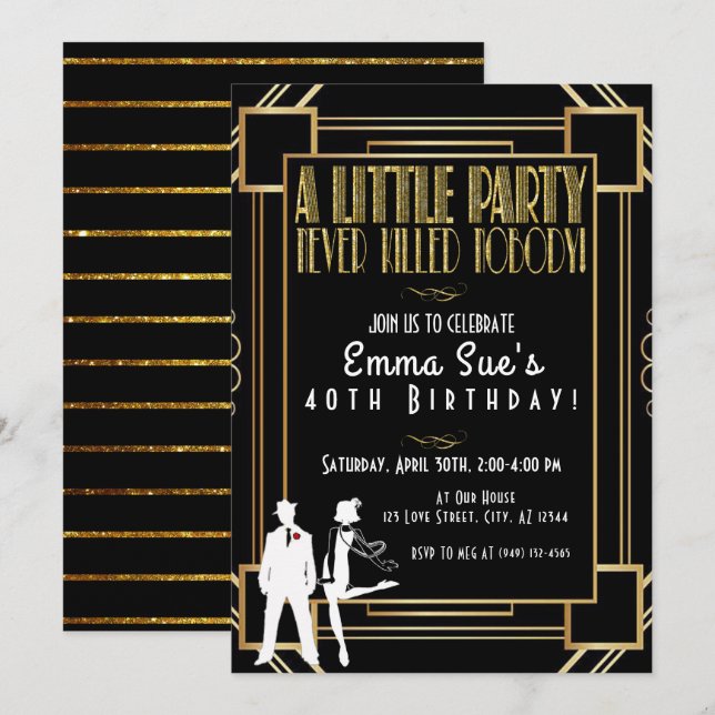 Invitación de cumpleaños a un Fiesta de Flapper de (Anverso / Reverso)