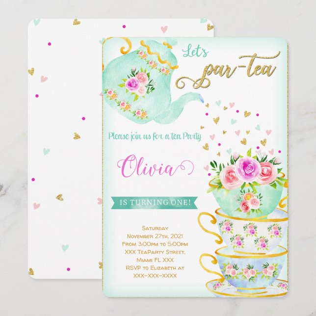 Invitación de cumpleaños a un Fiesta de té (Anverso / Reverso)