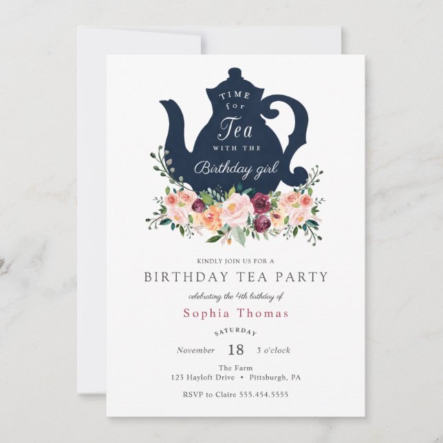 Invitación de cumpleaños a un Fiesta de té (Anverso)