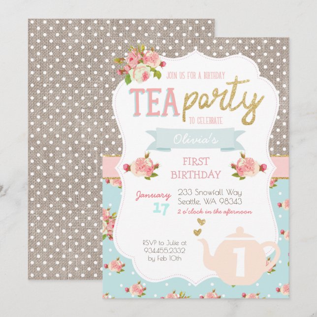 Invitación de cumpleaños a un Fiesta de té (Anverso / Reverso)
