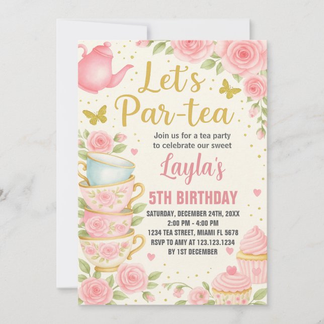 Invitación de cumpleaños a un Fiesta de té (Anverso)