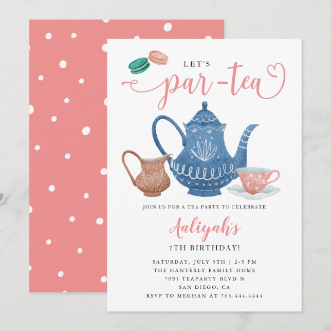 Invitación de cumpleaños a un Fiesta de té (Anverso / Reverso)