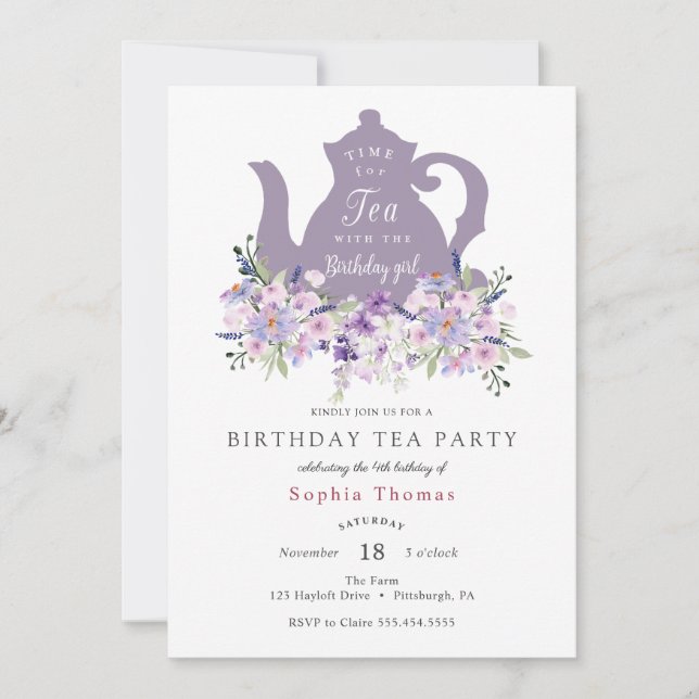 Invitación de cumpleaños a un Fiesta de té morado (Anverso)