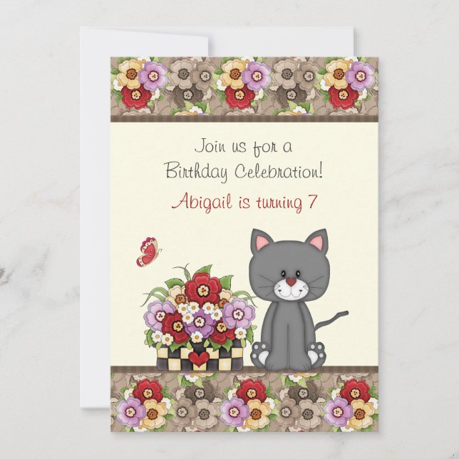 Invitación de cumpleaños a un gato, flores y marip (Anverso)