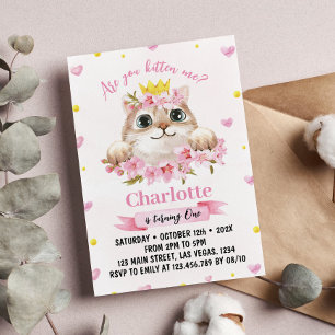 Invitación de cumpleaños a un gato gatito rosado