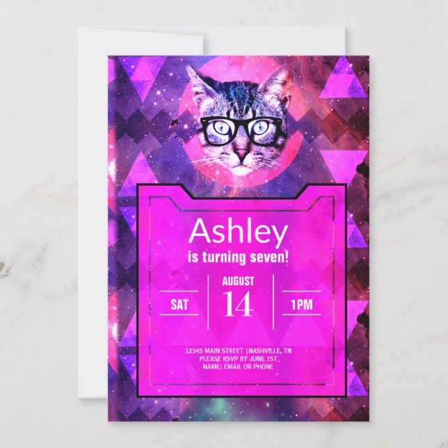 Invitación de cumpleaños a un gato Hipster rosado (Anverso)