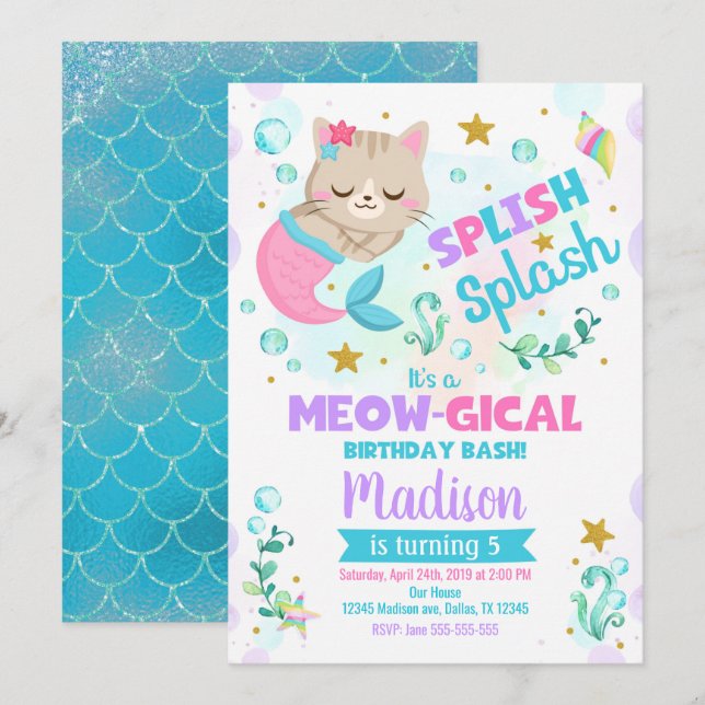 Invitación de cumpleaños a un gato sirena, Fiesta  (Anverso / Reverso)