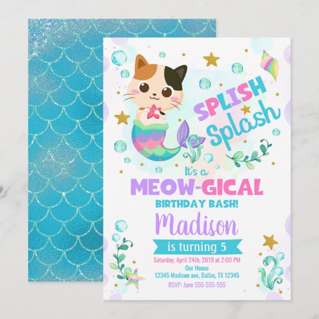Invitación de cumpleaños a un gato sirena, Fiesta  (Anverso / Reverso)