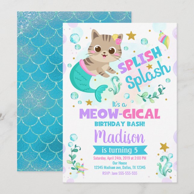 Invitación de cumpleaños a un gato sirena, Fiesta  (Anverso / Reverso)