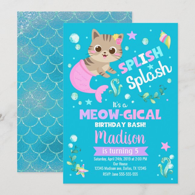 Invitación de cumpleaños a un gato sirena, Fiesta  (Anverso / Reverso)