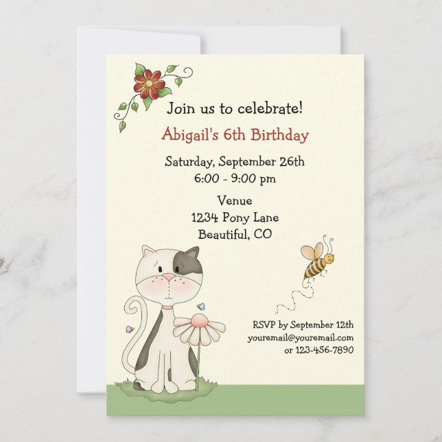 Invitación de cumpleaños a un gato y flores de col (Anverso)