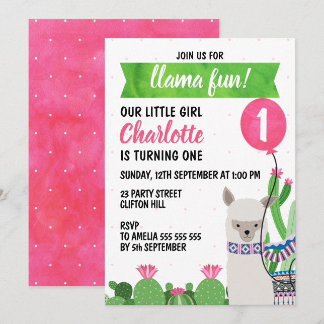 Invitación de cumpleaños a un globo de Llama perso (Anverso / Reverso)