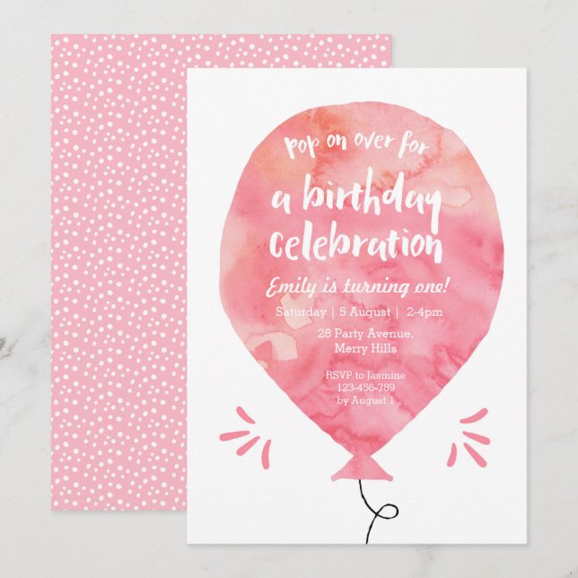 Invitación de cumpleaños a un globo rosa Rubor (Anverso / Reverso)