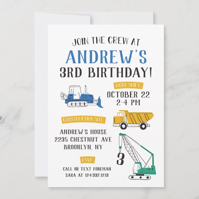 Invitación de cumpleaños a un lugar de construcció (Anverso)