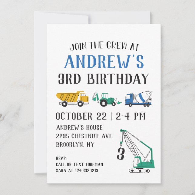 Invitación de cumpleaños a un lugar de construcció (Anverso)
