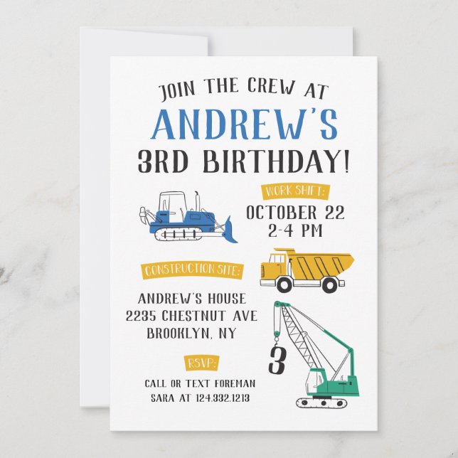 Invitación de cumpleaños a un lugar de construcció (Anverso)
