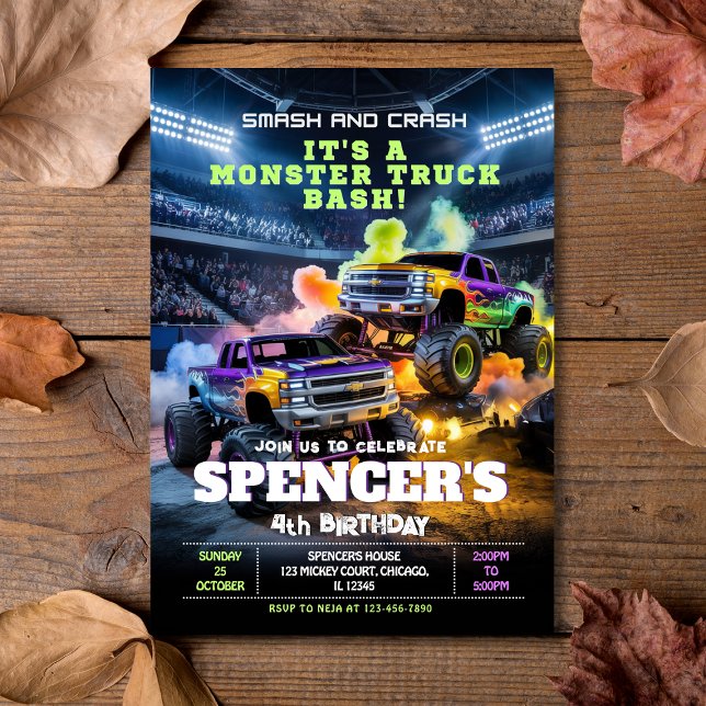 Invitación de cumpleaños a un monstruo de aplastam (Smash & Crash Monster Truck Birthday Invitation
)