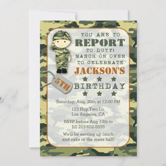 Invitación de cumpleaños a un niño militar de Camo (Anverso)