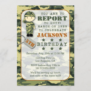 Invitación de cumpleaños a un niño militar de Camo