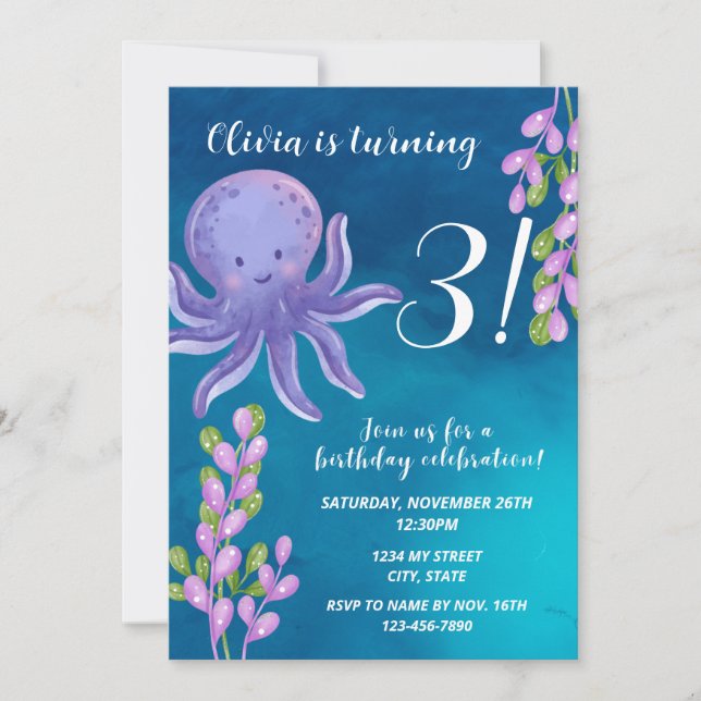 Invitación de cumpleaños a un pulpo morado (Anverso)