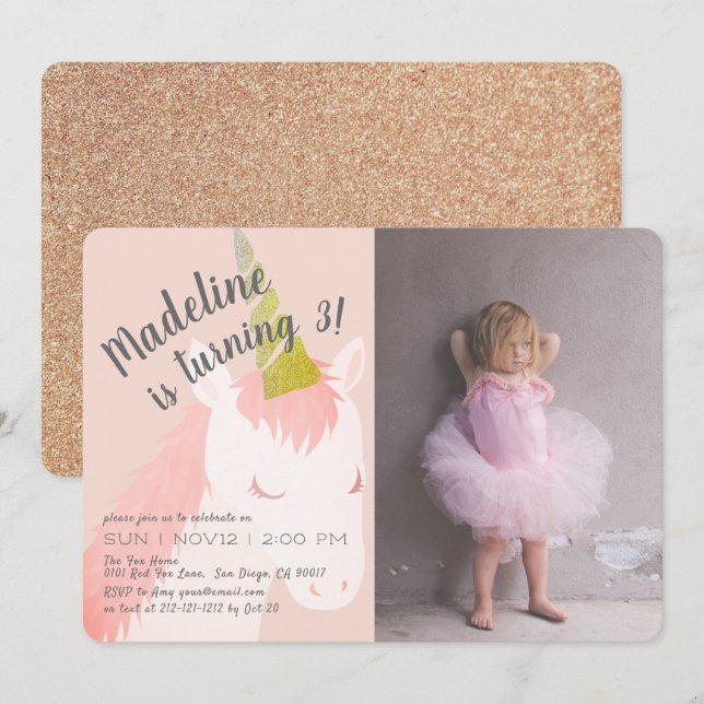 Invitación de cumpleaños a un Purpurina de unicorn (Anverso / Reverso)