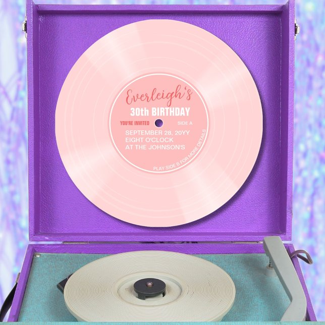 Invitación de cumpleaños a un registro musical de  (Pink color vinyl record pop birthday invitation with pink label)