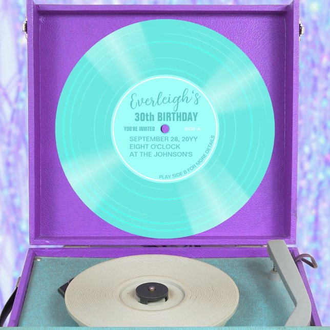 Invitación de cumpleaños a un registro único de Vi (turquoise color vinyl record pop birthday invitation with aqua label)