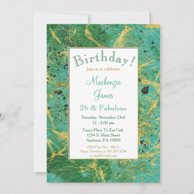 Invitación de cumpleaños a un resumen de oro Verde (Anverso)