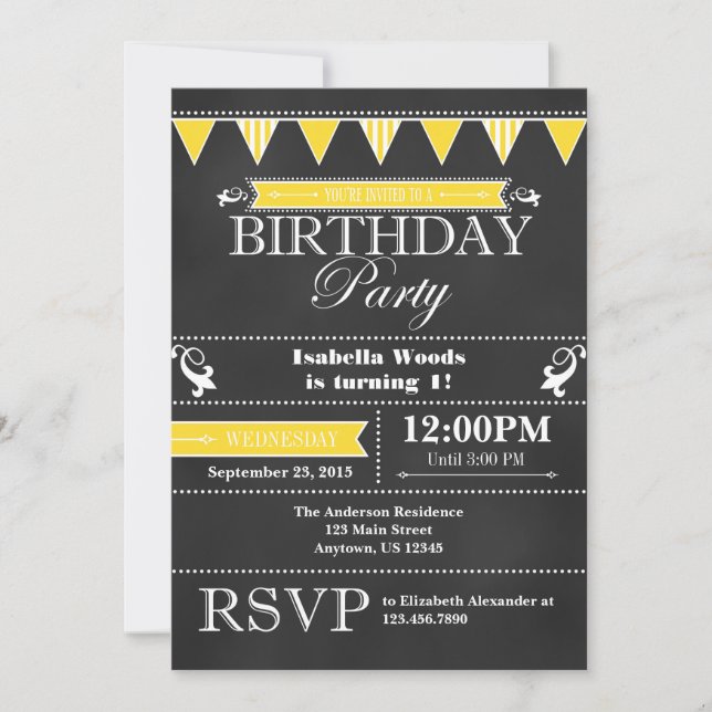 Invitación de cumpleaños a un tablero negro amaril (Anverso)