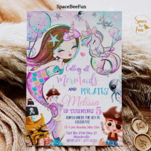 Invitación de cumpleaños a Unicornio a Sirena y Pi