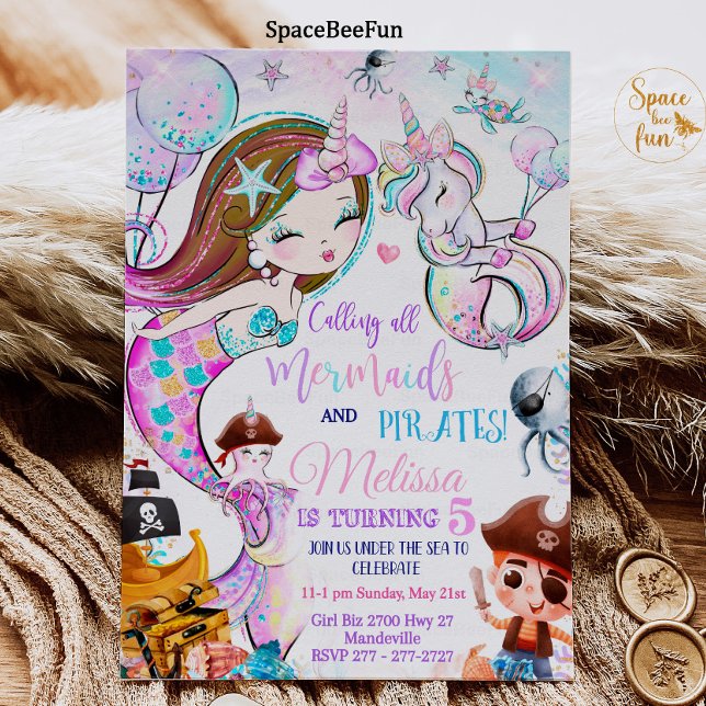 Invitación de cumpleaños a Unicornio a Sirena y Pi (Subido por el creador)