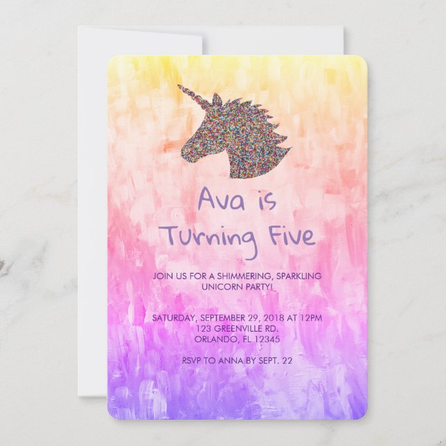 Invitación de cumpleaños a unicornio con salpicadu (Anverso)